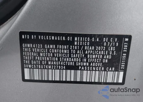 2019 Volkswagen Jetta 1.4T R-Line/1.4T S/1.4T Se from USA, damaged, VIN 3VWC57BU7KM227934